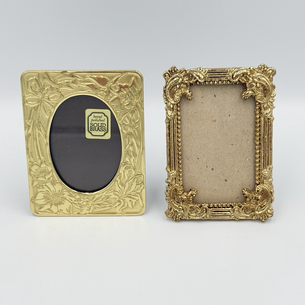VTG Mini Gold Photo Frames Lot 2 Solid Brass Six Trees Ornate Floral 1.5x2.5